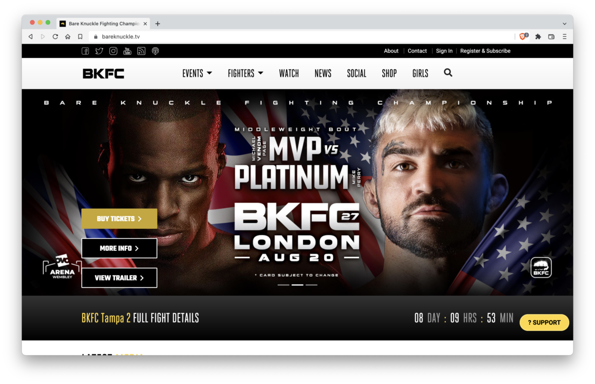 Screenshot of the Bare Knuckle Fighting Championship website