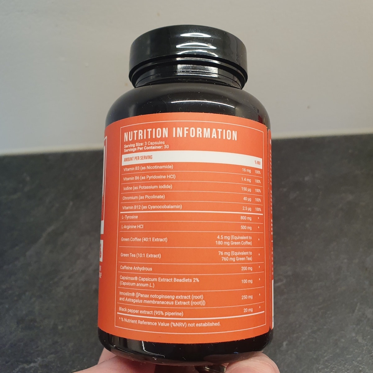 Back of a bottle of BURN by Capsiplex showing the ingredients