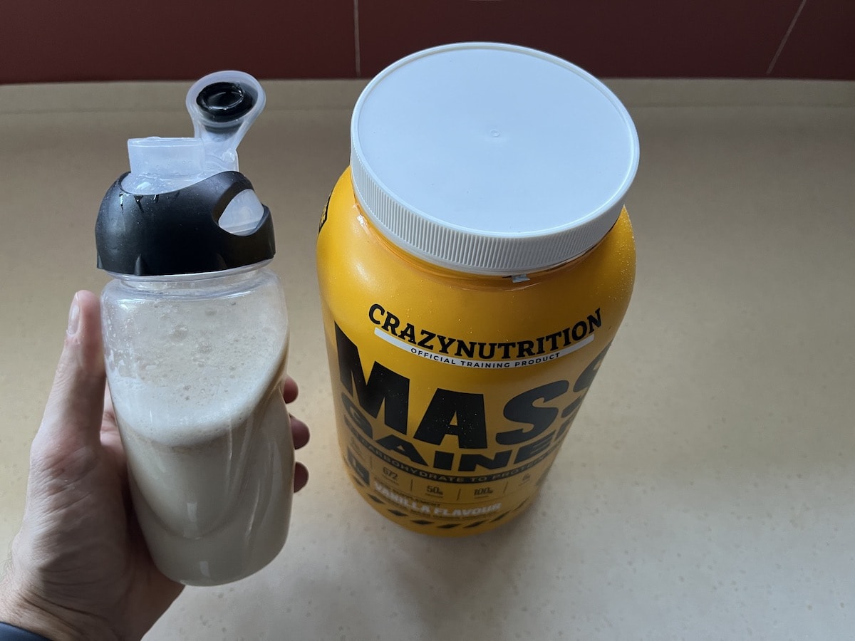 Full shaker bottle of Mass Gainer powder