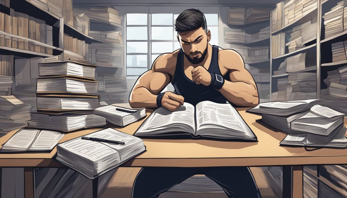 A fighter studying MMA techniques, surrounded by books and notes on journalism