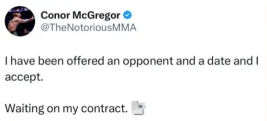 conor mcgregor tweets on X about accepting a ufc contract in 2026