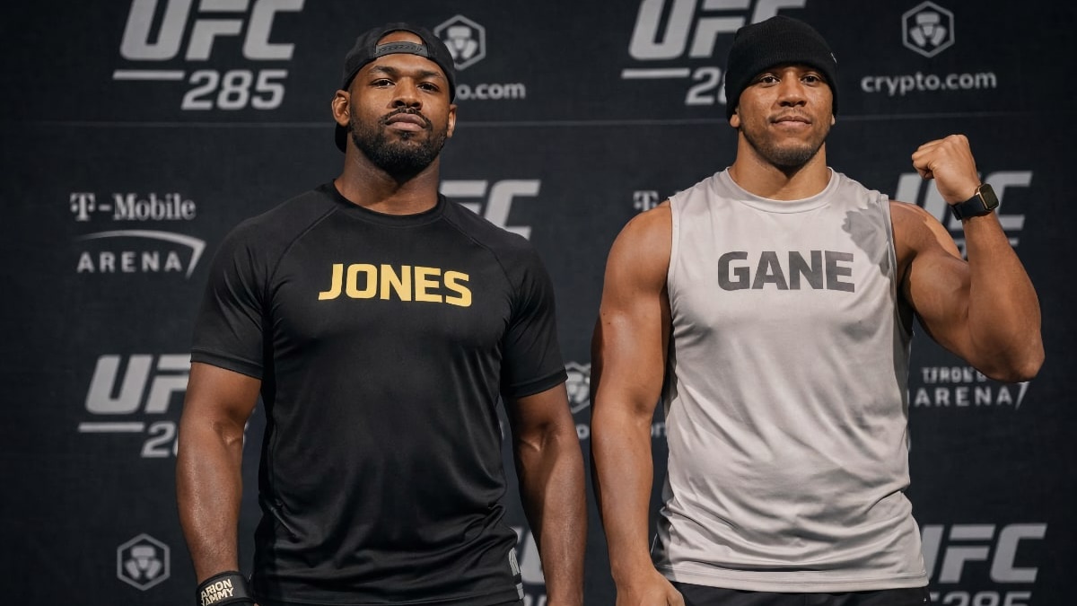 jon jones and ciryl gane posing at UFC weigh ins
